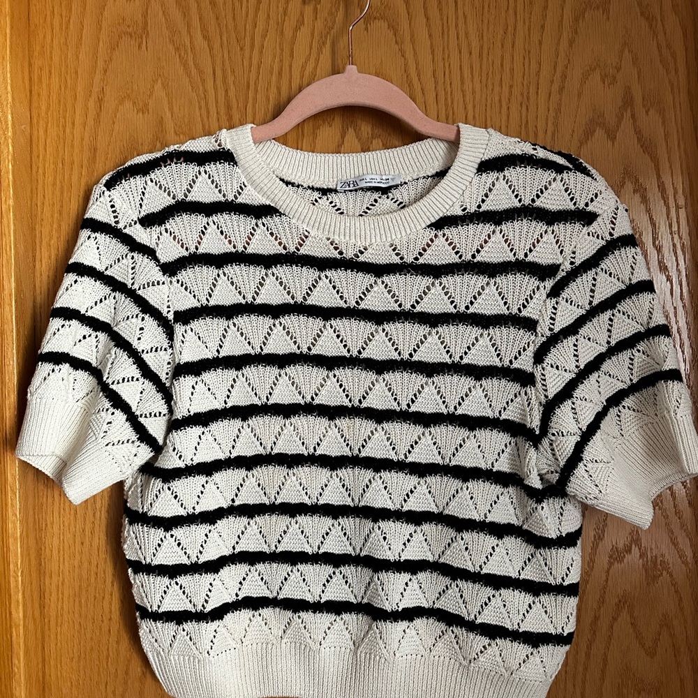 Zara ivory and black striped short sleeve sweater